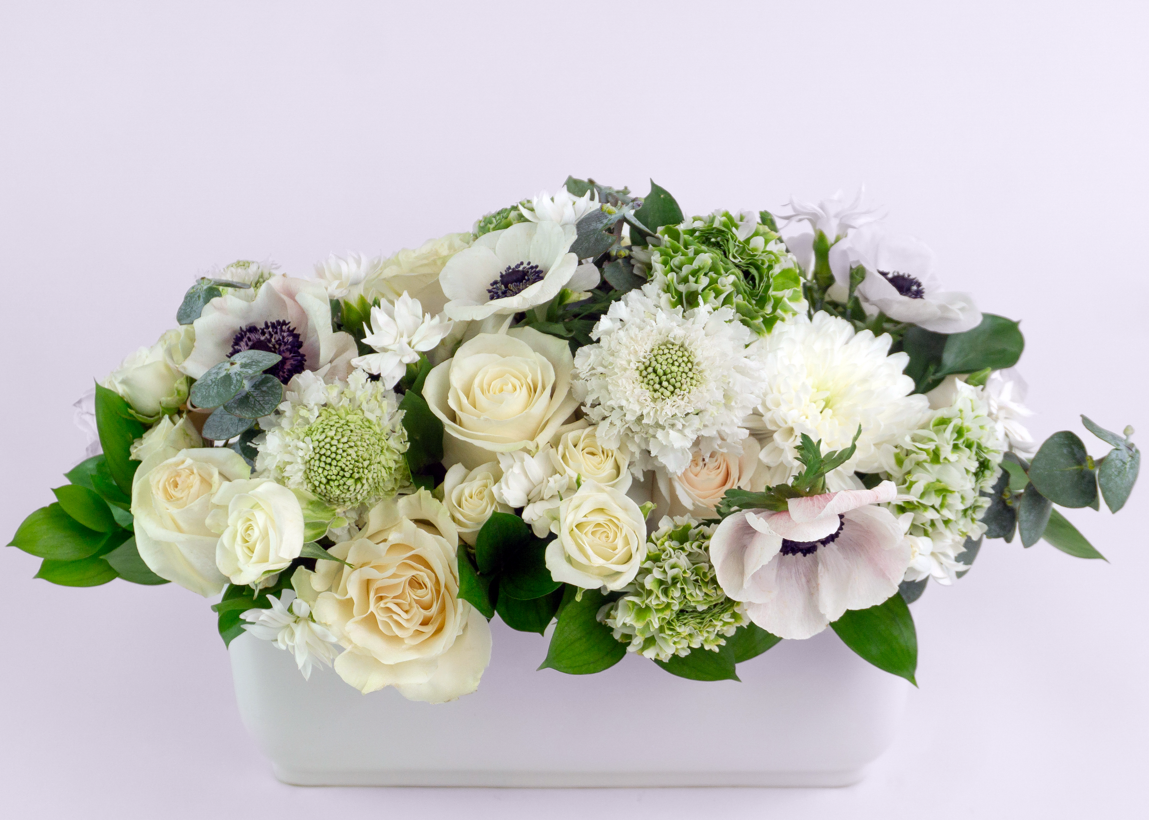 Floral arrangement in a white container on a light gray background