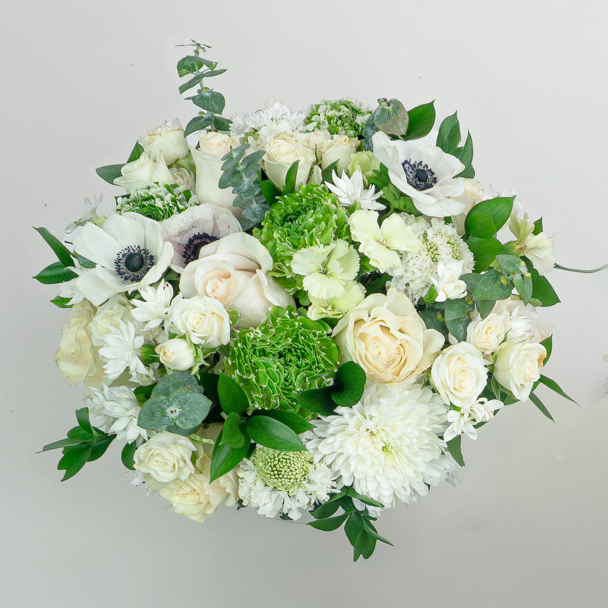 Bouquet of white and green flowers on a light gray background